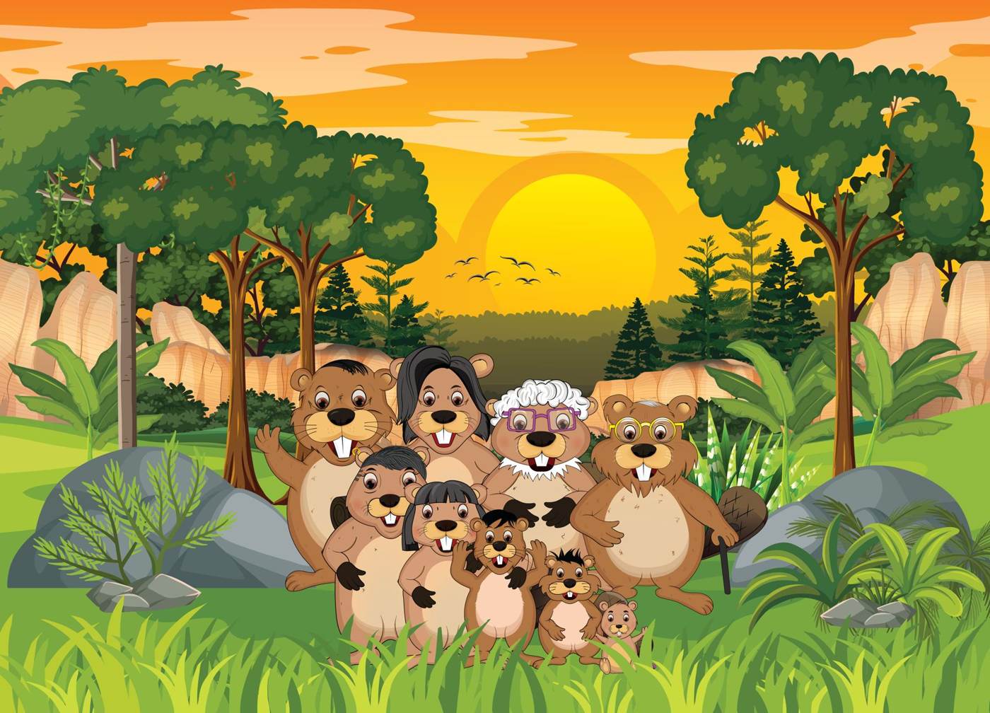 The beaver family, three generations, standing together in a forest at sunset